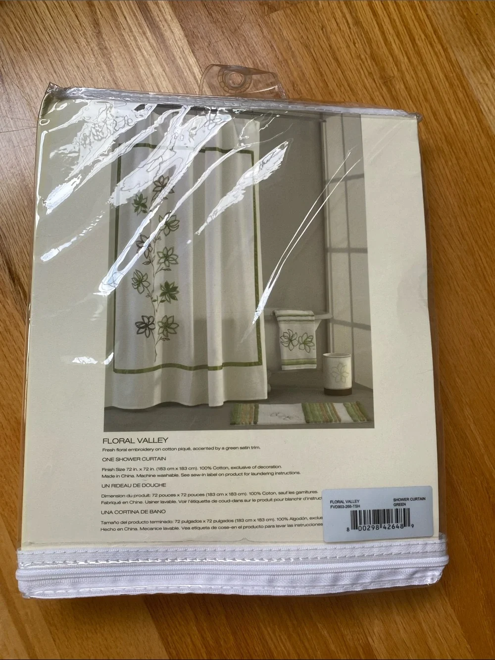 DKNY Floral Valley White Shower Curtain with Olive Green Floral Embroidery
